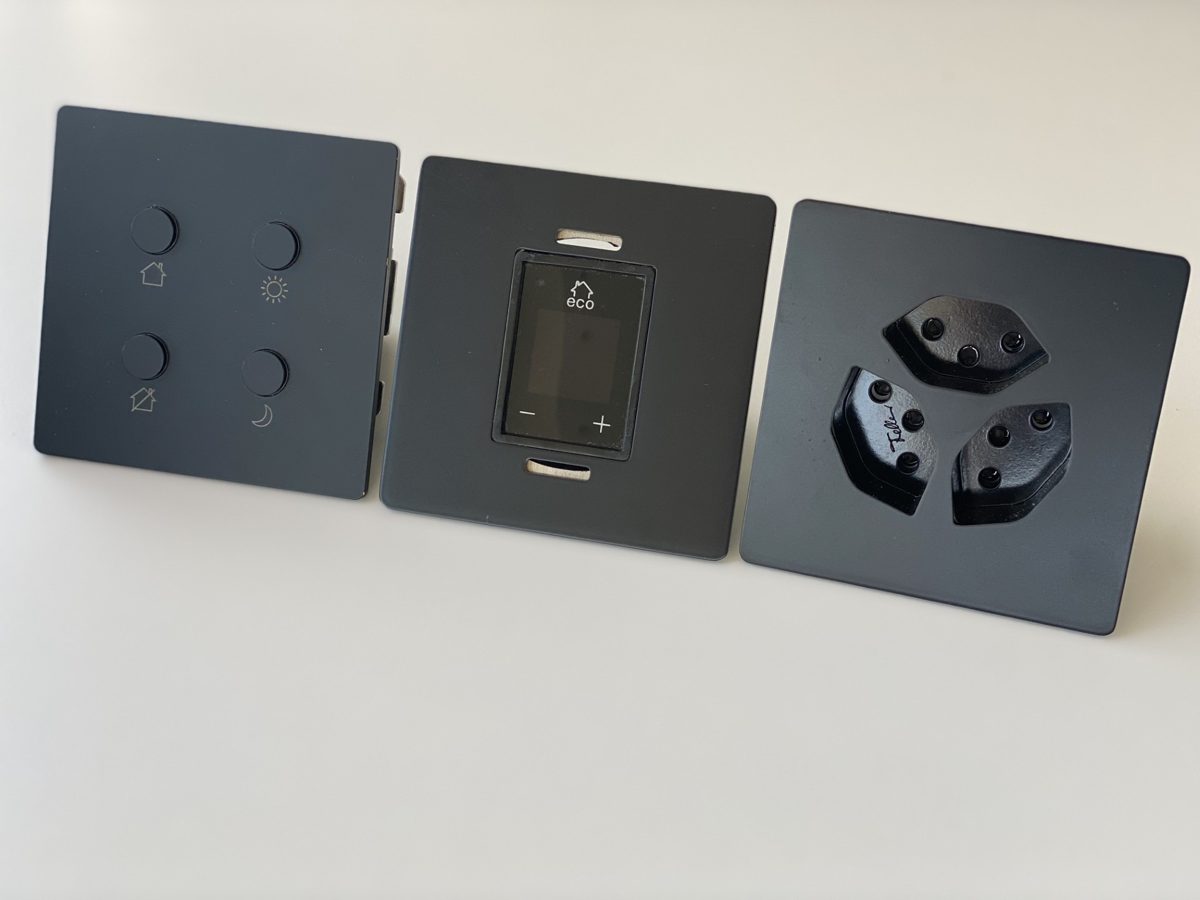 Clavier Lutron, thermostat et prise suisse dans la même finition Maarys
